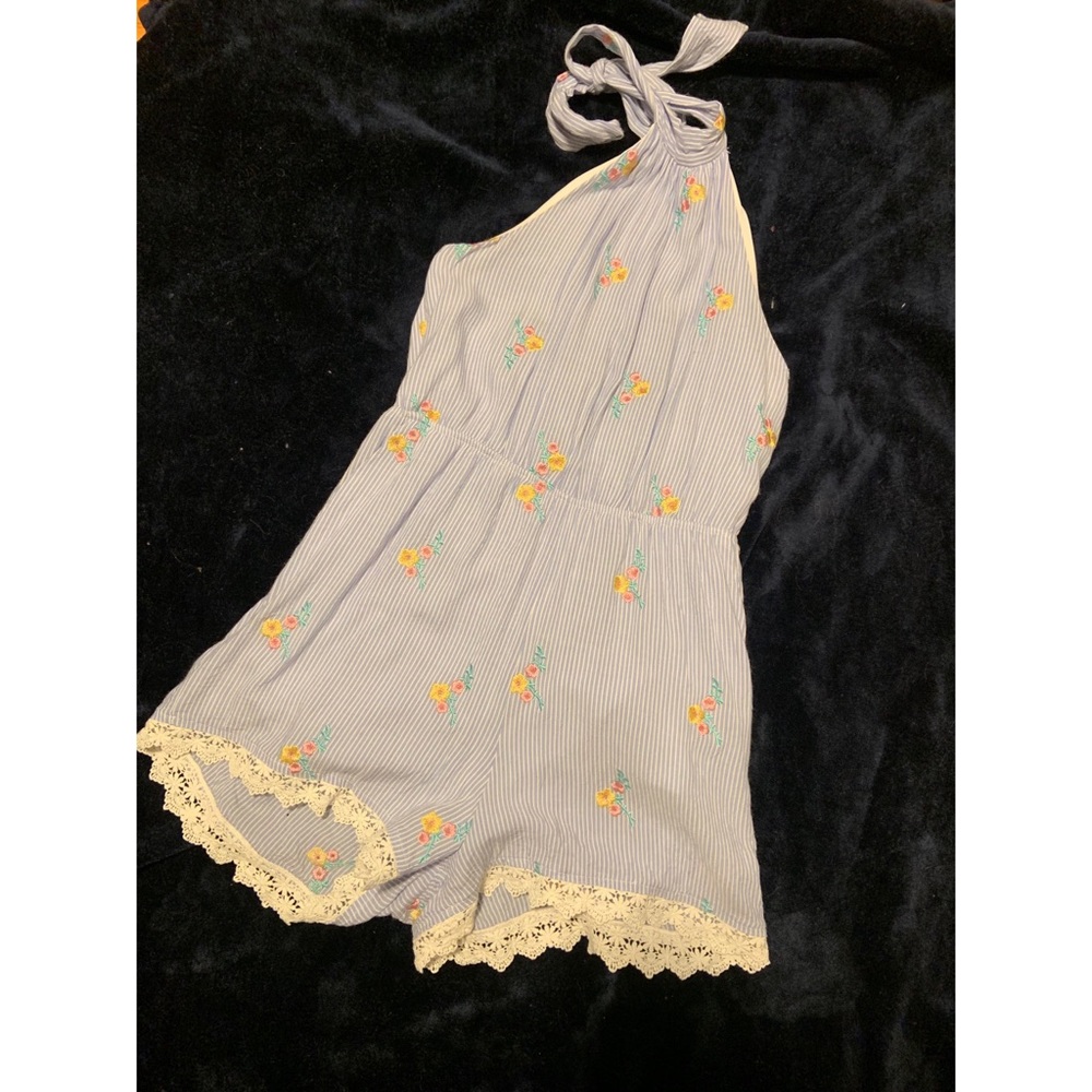 One piece halter romper with embroidery